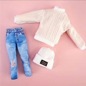 Barbie doll clothes - 3 piece set 
Distressed Jeans, Sweater, Beanie Off White